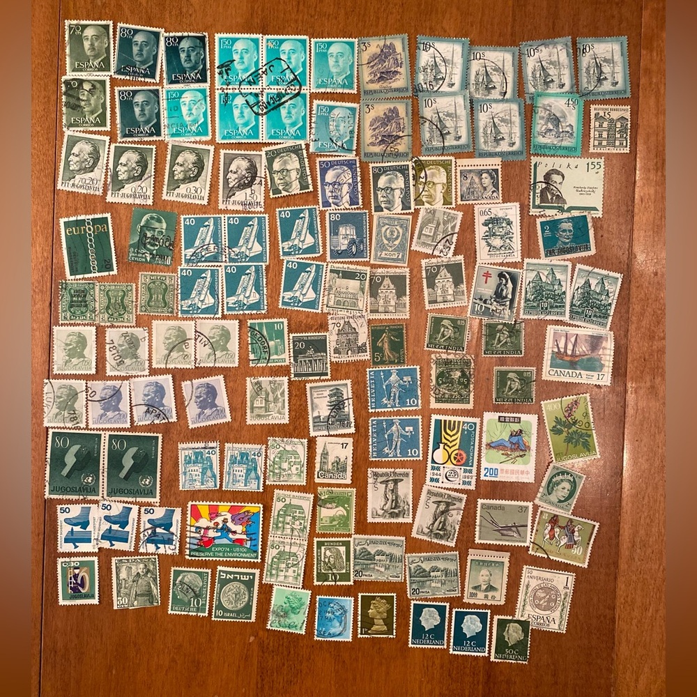 Vintage international  Postal Stamps - over 100 postmarked. Green tones #2